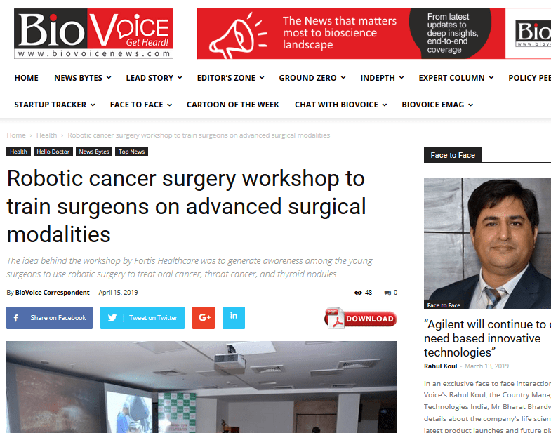 Bio Voice press release on robotic cancer surgery