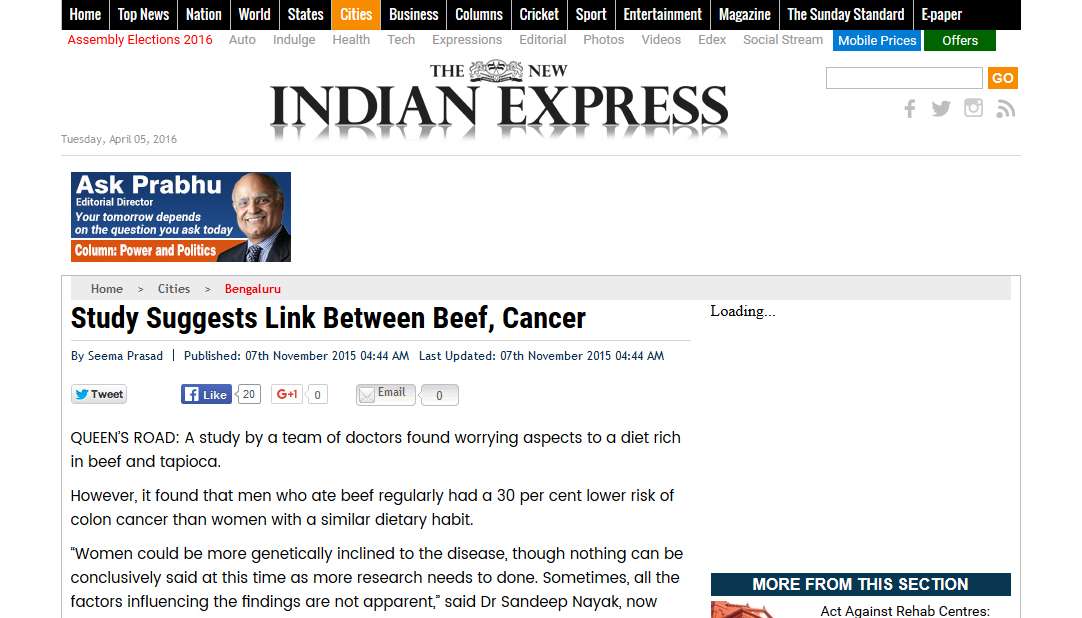 The new indian express study suggest link between beef,cancer
