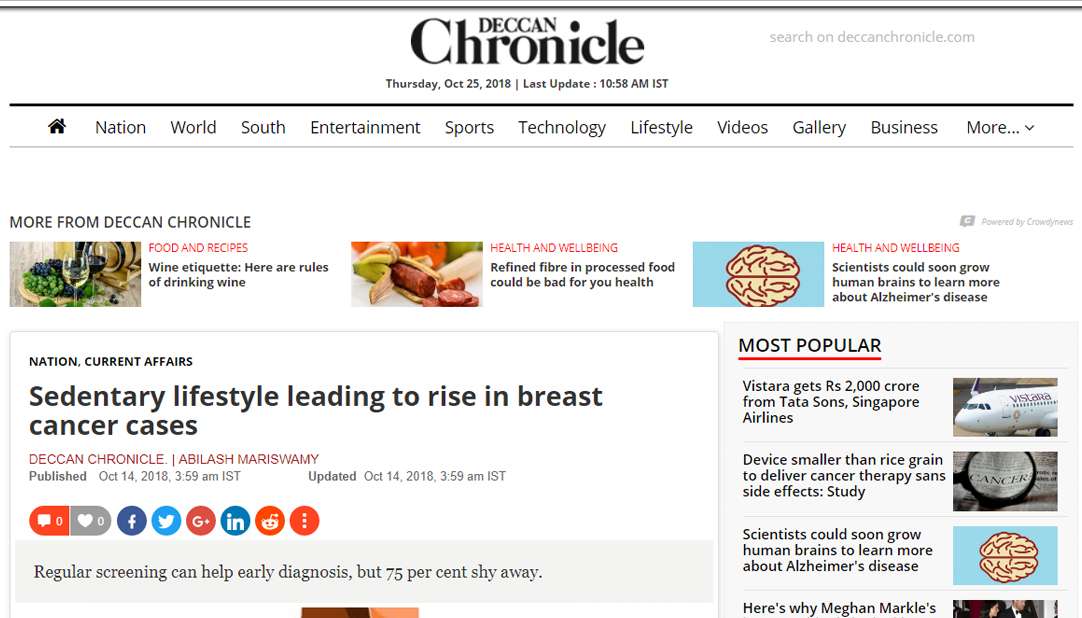 Deccan Chronicle Press release on breast cancer cases