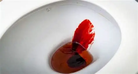 Close-up of a white toilet bowl with red-orange liquid staining the water and a red smear on the rim, suggesting a spill or contamination.