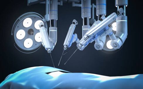 Robotic surgical arms performing a precision operation over a patient on an operating table under bright overhead lights, in a high-tech OR setting.