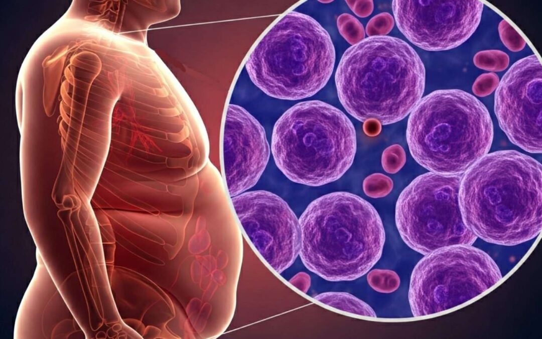 Side view of a pregnant woman with a translucent abdomen, highlighting internal organs; a magnified circle shows purple blood cells and a single red cell.