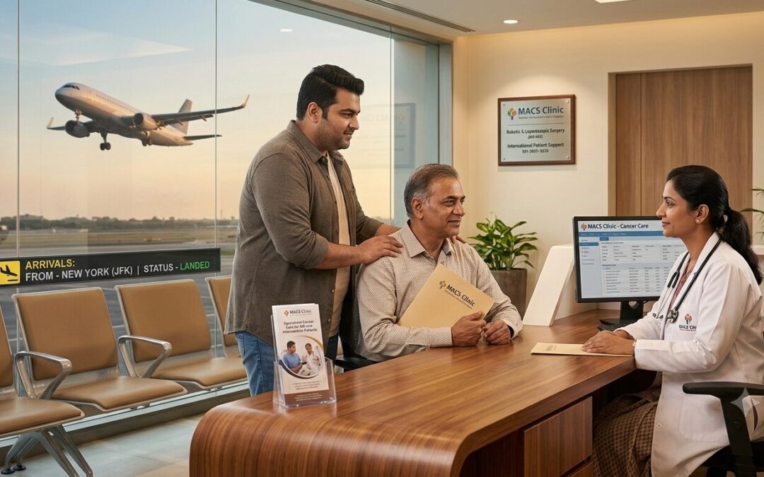 Doctor in a white coat consults with a patient and companion at a curved wooden reception desk in an airport clinic, with a plane visible outside the window.