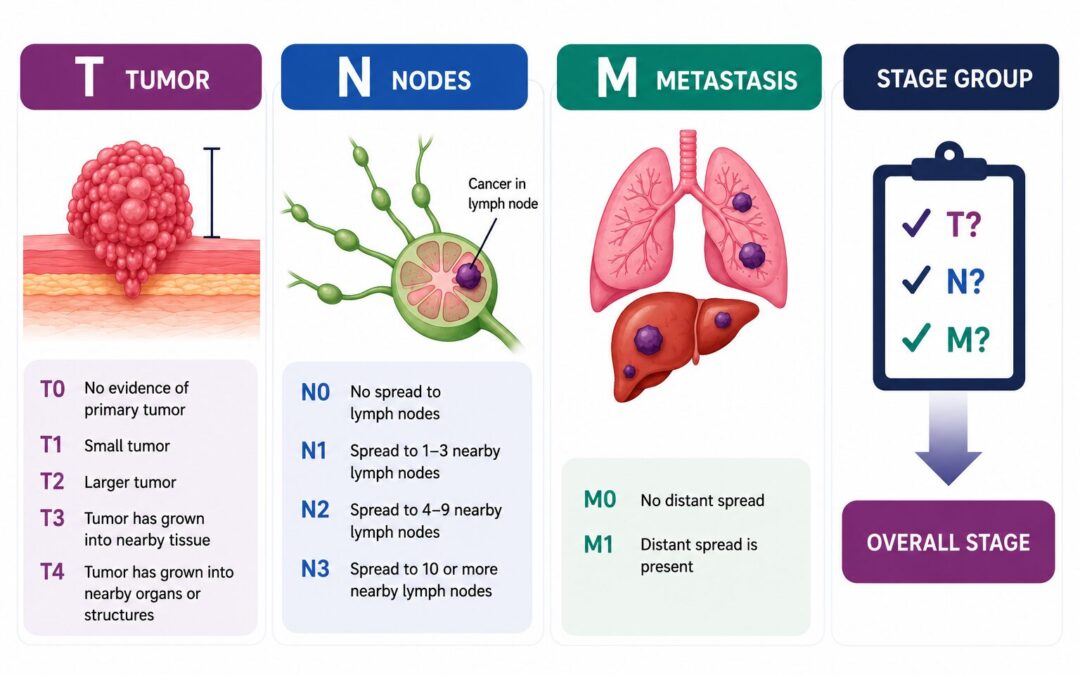 Panel 1 shows Tumor staging with cross‑section image and T1–T4 descriptions in a purple header card, indicating tumor progression levels