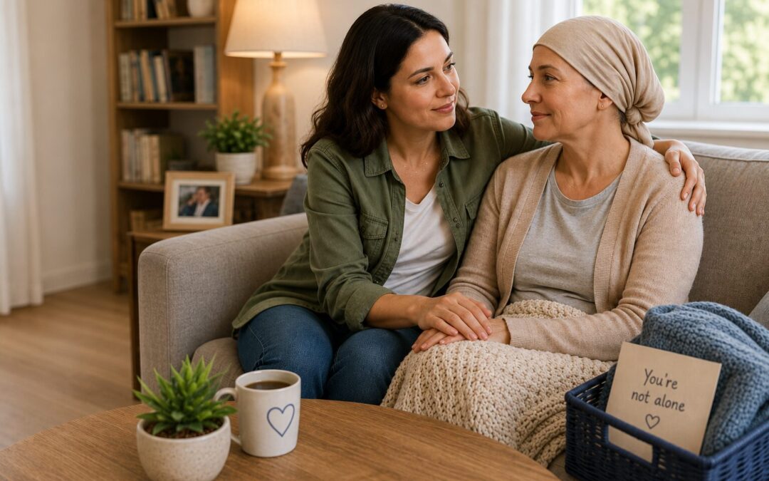 Two women sit closely on a sofa, holding hands as one offers comfort; a card reading 'You're not alone' sits in a basket nearby.