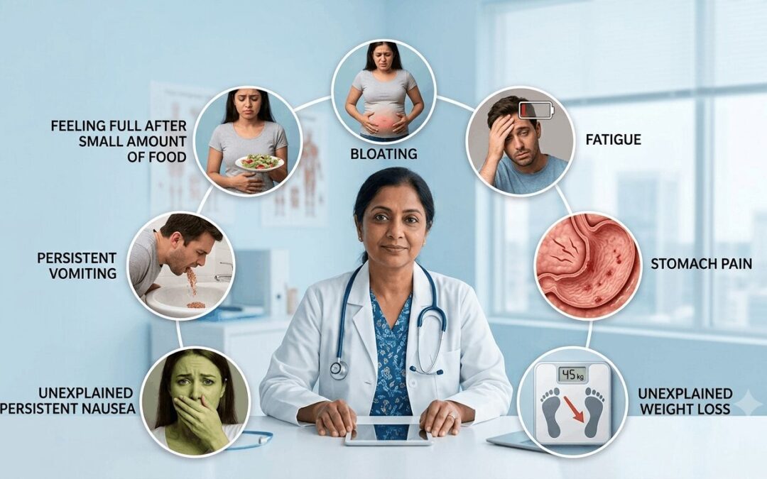 Medical infographic showing a doctor with connected bubbles for symptoms: bloating, stomach pain, fatigue, weight loss, nausea, vomiting, and feeling full after small meals.