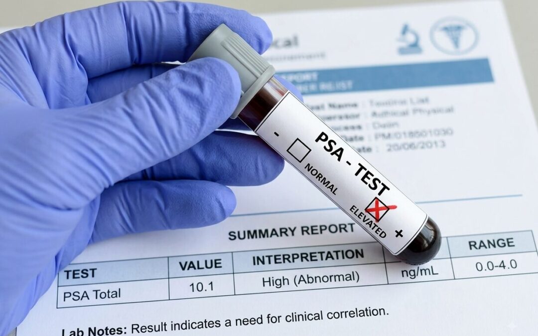 Gloved hand holds a PSA test tube over a lab report showing elevated PSA total (10.1 ng/mL).